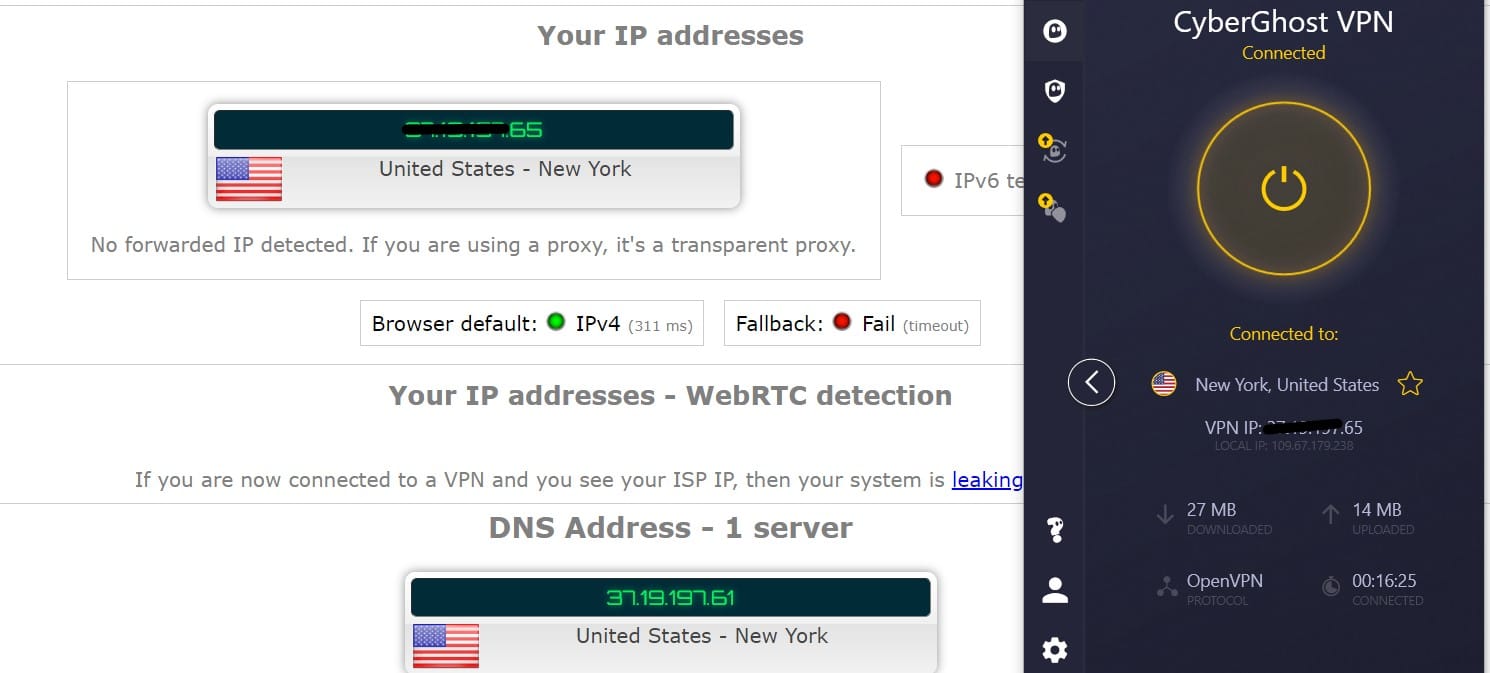 CyberGhost IP Leak test